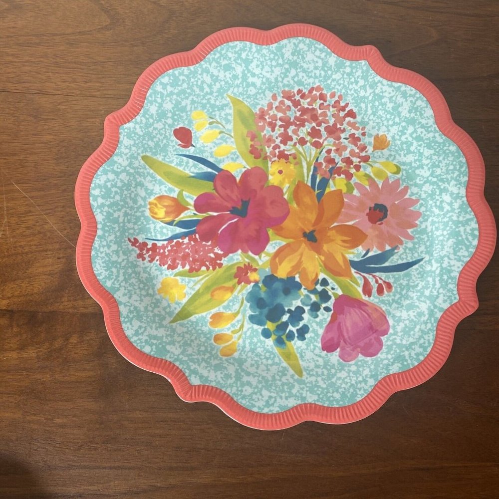 The Pioneer Woman Coral Floral Trim Melamine Plastic Dinner Plates 2 - Picture 2 of 6